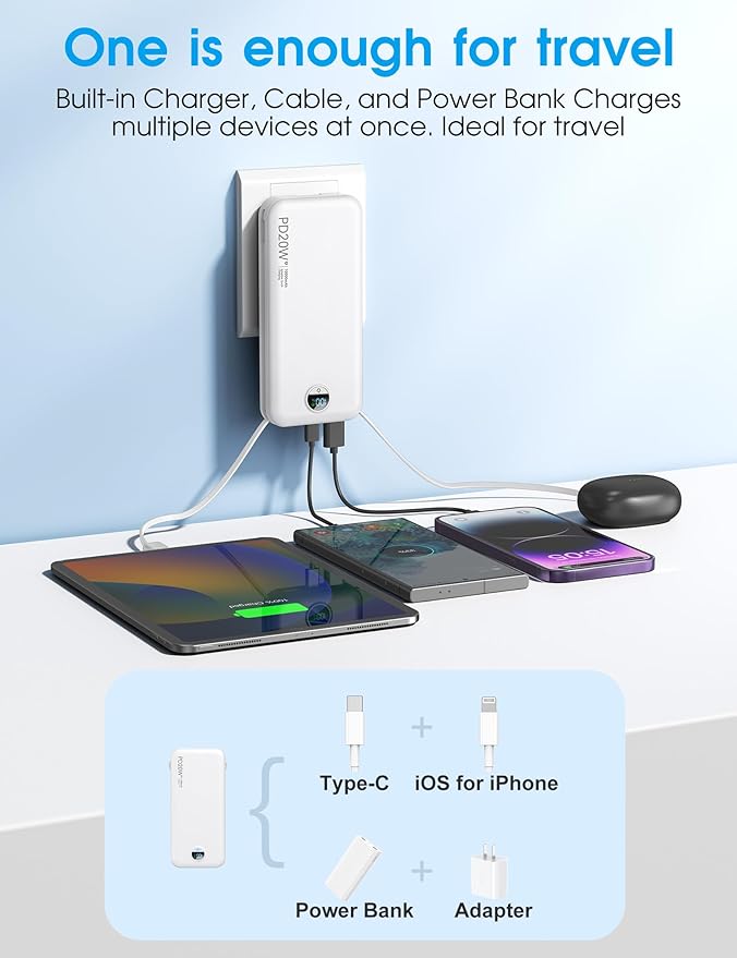 citicr Portable Charger 10000mAh PD20W w/Built-in Cables & Wall Plug White | Fast charging, Built-in wall plug, LED display, Charge 5 devices at once, Pass through charging, TSA approved, Pocket size