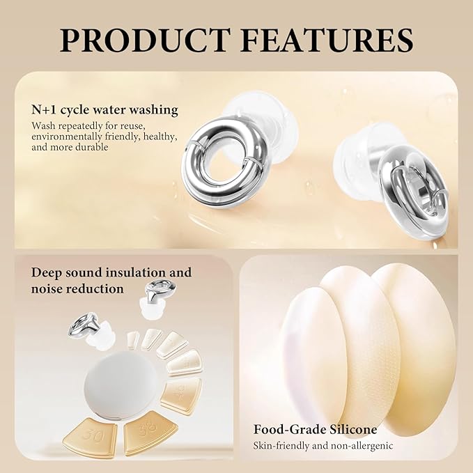 Noise Cancelling Ear Plugs 45dB – Reusable Silicone Earplugs for Sleeping, Snoring, Travel, Concerts & Work with 8 Eartips – Soft Comfortable Hearing Protection (Silver, One Size)