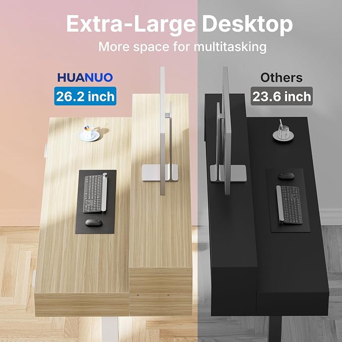HUANUO 63″ x 26″ Electric Standing Desk with 2 Drawers &24.4″ Large Keyboard Tray, C-Clamp Mount Compatible, Adjustable Computer Desk for Office, Sit Stand Up Desk with 4 Height Presets, Light Walnut