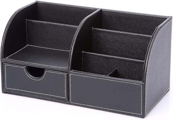 Pu Leather Desk Organizer Pen Pencil Holder Office Supplies Caddy Storage Box 6 Compartments with Drawer Black (Full Pu Leather)