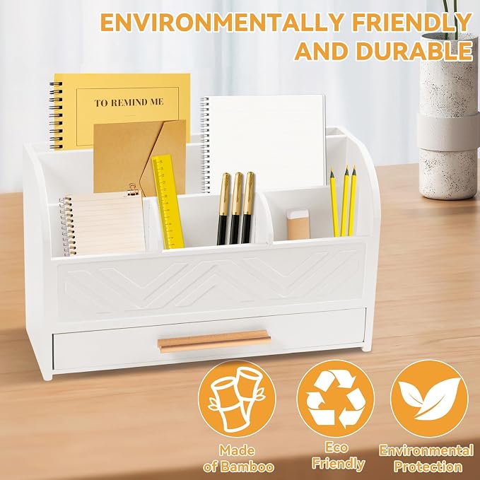 Charmewooden White Desk Organizer with Drawer, Pen Holder & Mail Sorter for Home Office
