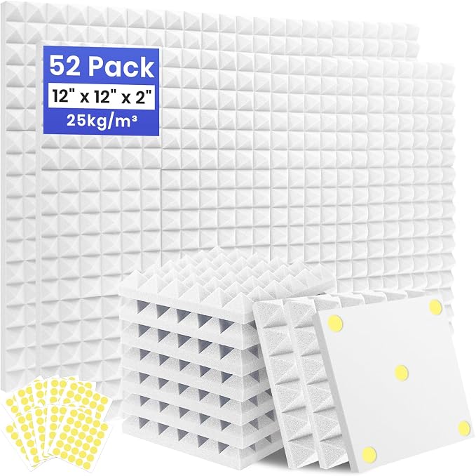 Focusound 52 Pack Sound Proof Foam Panels for Walls, 12" X 12" X 2" Pyramid Acoustic Foam Panels, High Density Noise Reduction Soundproof Panels for Studio Game Room with 300PCS Double-Side Adhesive
