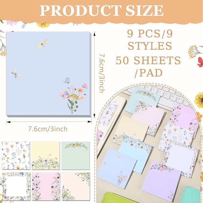 9 Pads Cute Sticky Notes Cartoon Self Stick Notepads 3x3 Inches Notes Adhesive Memo Pad Office Decor Gifts for Students School Teacher Office Meeting(Wildflower)