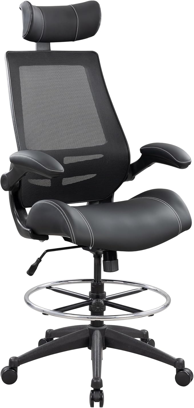 BOLISS Tall Ergonomic Office Chair, Sustainable Tech-Leather Drafting Chair with Adjustable Foot Ring, 90° Flip-Up Arms Space Saving Mesh Computer Desk Chair for Standing Desk Executive Work 8+ Hours