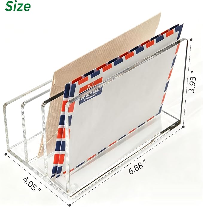 Clear Acrylic 3 Compartment Mail & Letter Organizer for Desk | 5mm thick, 3 compartments organize mail, bills, letters & files. Crystal clear acrylic, non-slip pads. No assembly.