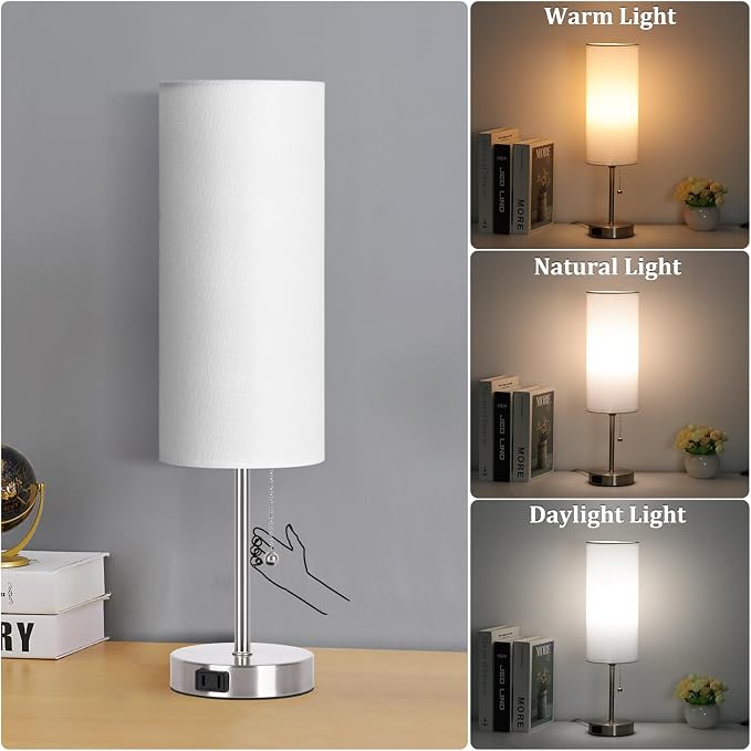 Dott Arts 18" Table Lamp for Bedroom, 3-Color Bedside Lamps with Pull Chain, Bedroom Table Lamps for Nightstand,AC Outlet Small Lamp for Living Room, Bulb Included Nickle