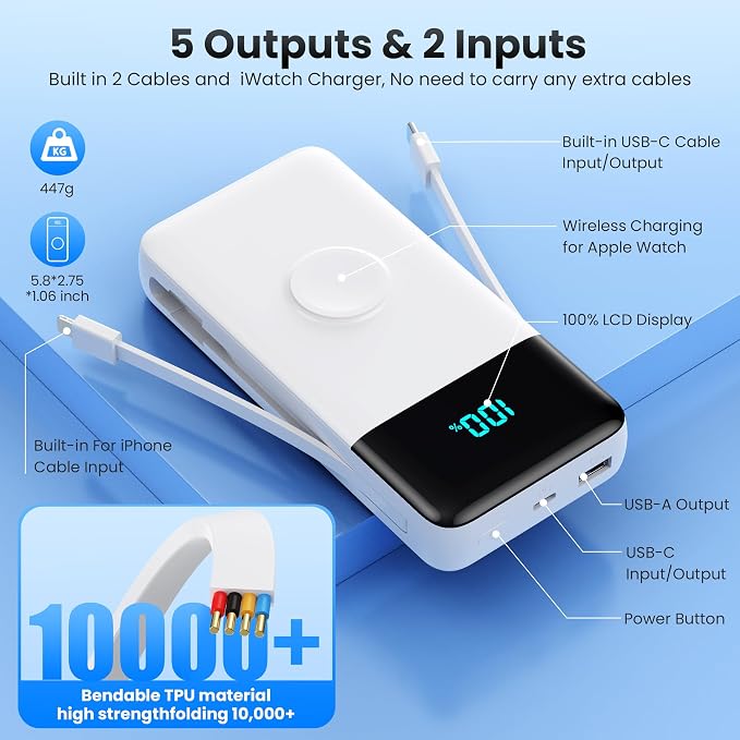 Portable Charger Power Bank 40800mAh with Built-in Cables,25W Fast Phone Charging Portable Battery Pack,5 Outputs Travel Essentials Outdoor External Battery for iPhone 17/16,Galaxy Android etc-White