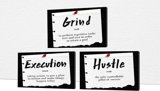 Office Wall Art - 3 Panel Motivational Wall Art, Inspirational Quotes Canvas Art for Home Office Wall Decor, Positive Quotes Wall Decor, Entrepreneur Grind Hustle Execution Poster Frame (16”x24”x3Pcs)