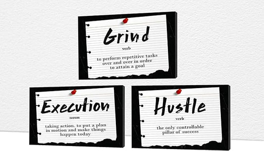 Office Wall Art - 3 Panel Motivational Wall Art, Inspirational Quotes Canvas Art for Home Office Wall Decor, Positive Quotes Wall Decor, Entrepreneur Grind Hustle Execution Poster Frame (12”x24”x3Pcs)