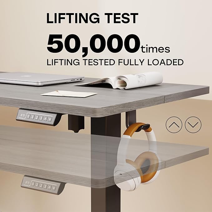 Grey Electric Standing Desk, 48 X 24 Inch Adjustable Height Table, Sit Stand Desk with 2 Hooks, Ergonomic Rising Workstation with Splice Board