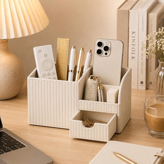 Luxury PU Leather Desk Organizer with Drawer, Modern Aesthetic Office Desk Accessories for Women, Multi-Compartment Pen Holder & Desktop Storage Organizer for Home Office, Cream White