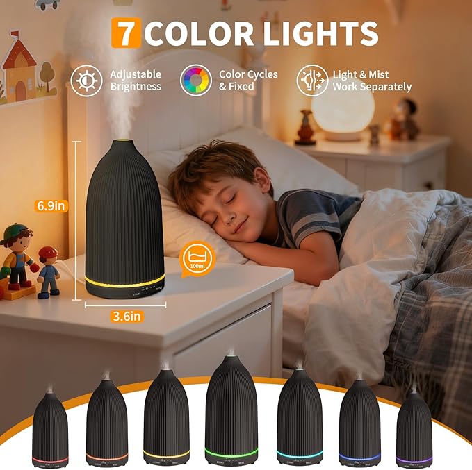 URPOWER 100ML Essential Oil Diffuser Ultrasonic Cool Mist Humidifier with 7 LED Lights, Timer & Auto-Off Quiet Aromatherapy Scent Diffuser for Home Bedroom Office Relaxation