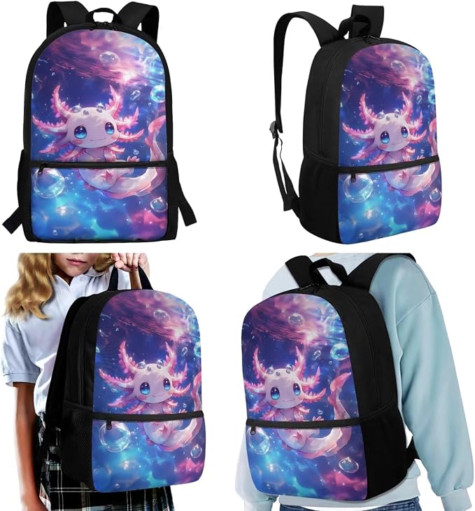 WELLFLYHOM Cute Axolotl 4 PCS Kids Backpack Set for Girls 1st-5th Grade, Pink 17 Inch Ocean Elementary School Bag with Lunch Box for Child Back to School Supplies, Mochila Para Niñas