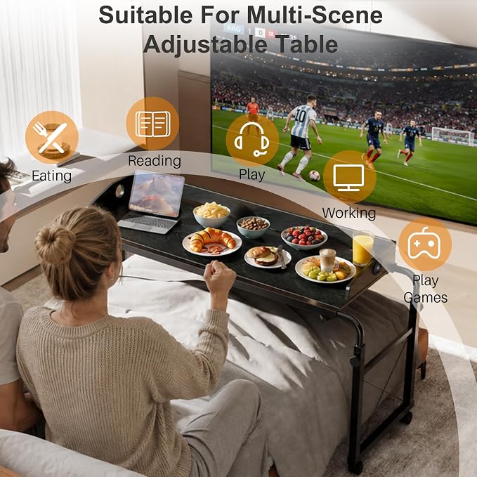 BYMECOST Laptop Desk for Bed, Adjustable Height & Length Laptop Bed Table | Overbed Table with Wheels for Queen Size Beds,Rolling Standing Desk,Over Bed Desk for Working Reading Eating