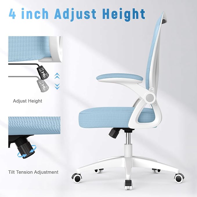 naspaluro Home Office Desk Chair Mid Back with Adjustable Height Blue | Comfy Ergonomic Chair with Flip-Up Arm and Lumbar Support, Breathable Mesh Swivel Computer Chair for Study Working Teacher