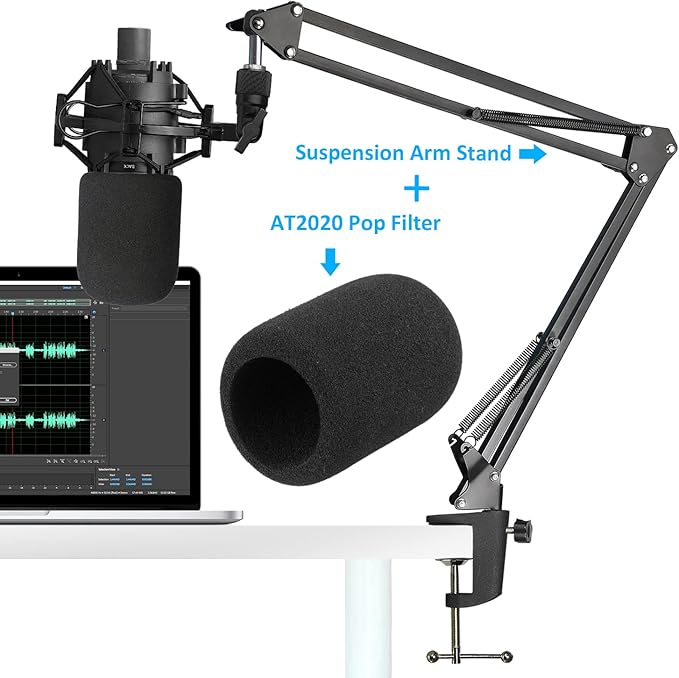 Audio-Technica AT2020 Mic Boom Arm with Foam Windscreen, Suspension Boom Scissor Arm Stand with Pop Filter Cover for Audio-Technica AT2020 Microphone by SUNMON