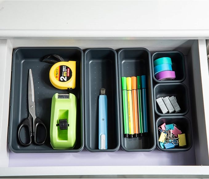 Gonice 18 PCS Black Desk Drawer Organizer Tray, Interlocking Drawer Organizers and Storage with 3 Sizes for Office, Bathroom, Kitchen, Makeup