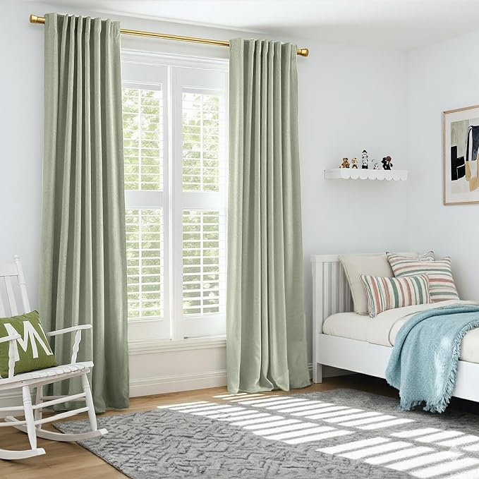 INOVADAY 100% Blackout Curtains for Bedroom, Sage Black Out Curtains 90 Inch Long, Clip Rings Linen Blackout Drapes, Thermal Insulated Room Darkening for Living Room, 2 Panels - W50xL90
