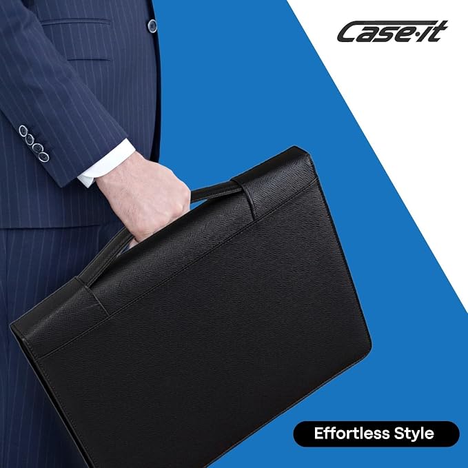 Case-it Executive Zipper Padfolio with Removable 3-Ring Binder and Letter Size Writing Pad, Pebbled Faux Leather Black (PAD-40) (Pack of 6)