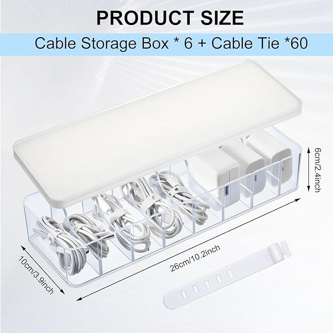 Tatuo 6 Pcs Cord Organizer for Drawer Desktop, Cable Organizer Box with 8 Compartments and Wire Ties, Plastic Charger Storage with Lid, Electronics Case for Home Office Accessories (Small,Clear,White)