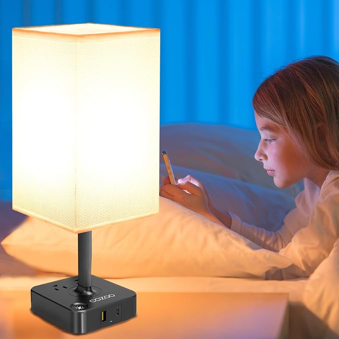 Table Lamp Dimmable cozoo USB Bedside Table Desk Lamp with 2 USB Charging Port(A+C) 2 Outlet,Nightstand Lamp with Charger Base White Fabric Shade,LED Touch Lamp for Bedroom/LivingRoom/Dorm/Home Office
