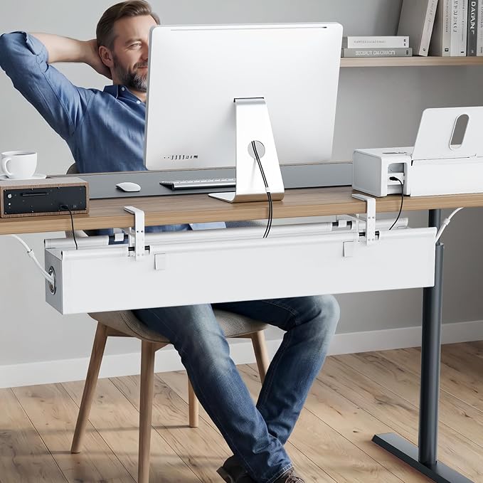 KEEGH Under Desk Cable Management Tray 36", No Drill Cord Organizer, White | Heavy Duty, Large Capacity, 3-Level Clamp Fit 0"-2.5" Desks, Clamp/Screw Mount, for Home, Office, Gaming, Room, Studio