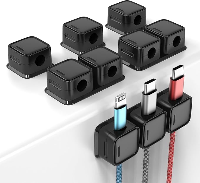Smofish Magnetic Cable Clips, 6 Pack 10-Slot Cord Organizer, Strong Phone Charging Cable Holder Clips, Wire Charger Keeper for Desk, Nightstand, Kitchen Appliances, Office Supplies (Black)