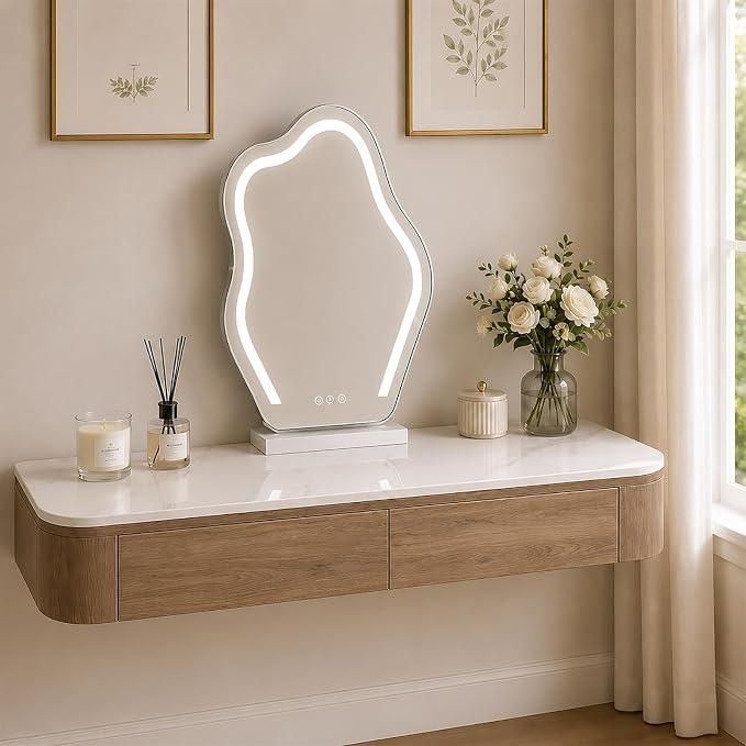 Floating Makeup Vanity Desk With Drawers Wall Mounted Makeup Table With Storage Fully Assembled Floating Vanity Desk Space Saving Modern Dressing Table For Bedroom Closet(Walnut Marble,55.1")