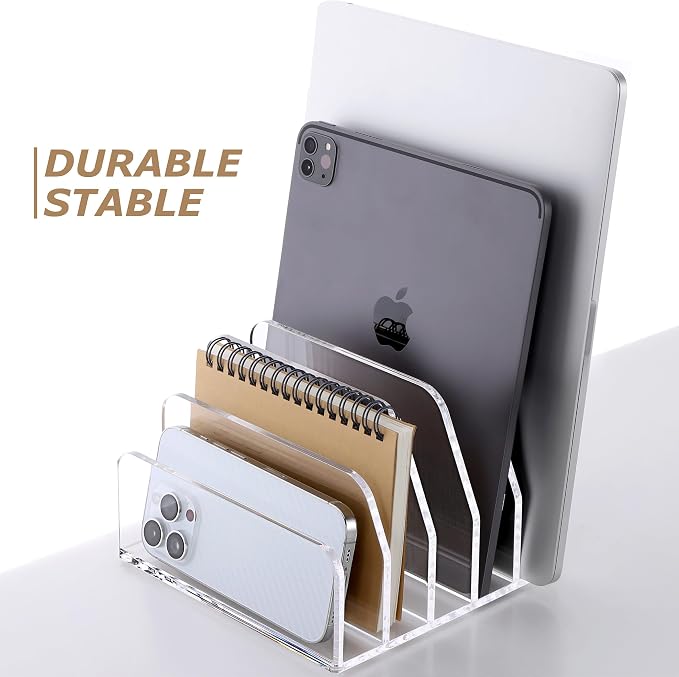 SANRUI Acrylic Desk Mail Organizer Sorters, Clear Letter Holder 5 Slot | Laddered File Desktop File Holder, Multifunction Envelope Vertical Folder Racks Document Holders for Office, Home, School