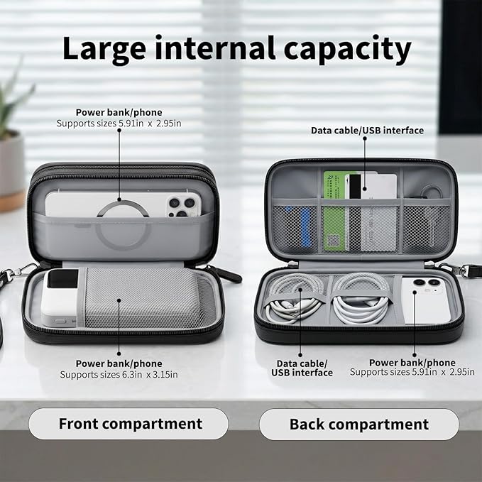 Leather Electronic Organizer Bag, Waterproof Travel Tech Pouch for Cord, Cable, Charger, Phone & Accessories (Black)
