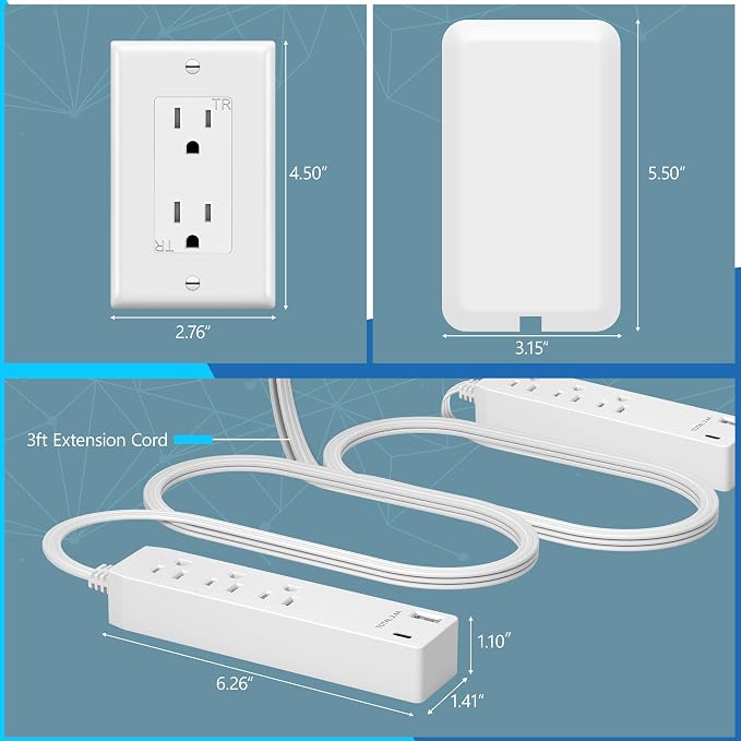 LIDER Outlet Extender with 3 Receptacles, 2 Power Strip with USB-A & USB-C, Ultra-Thin Wall Plate Plug with Cord Extender, 3-Outlet Power Strip, 3ft Cord, 1625W, ETL Listed, Matte White