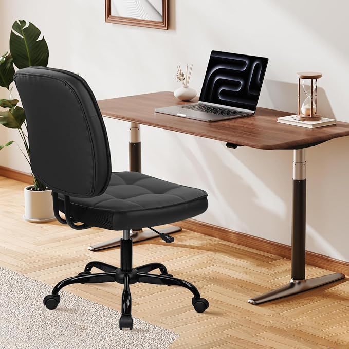 CLATINA Home Office Chair No Arms with Wheels, Armless Small Leather Ergonomic Low Back Desk Chairs Adjustable Height 360° Swivel Rolling Computer Task Chair for Work Reading Conference Room, Black