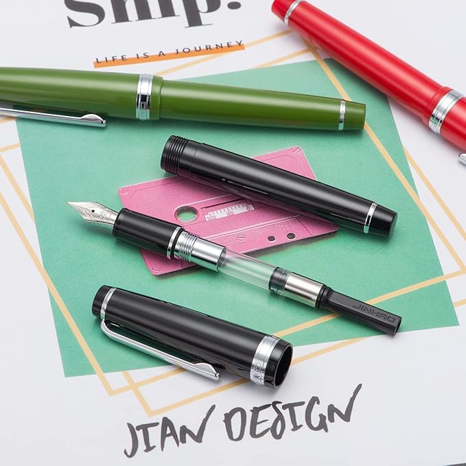 Jinhao 82 Black Acrylic Fountain Pen, Iridium Extra Fine Nib Classic Design Smooth Writing Pen with Ink Converter (Silver Trim)