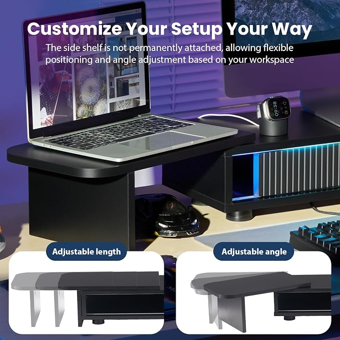 Artswish Dual Monitor Stand with Power Outlet, Black Desk Monitor Riser | 2 AC Outlets & 2 USB Ports, RGB Lighting, Sliding Storage, Flexible Side Shelf, Desk Riser for Work Study Gaming