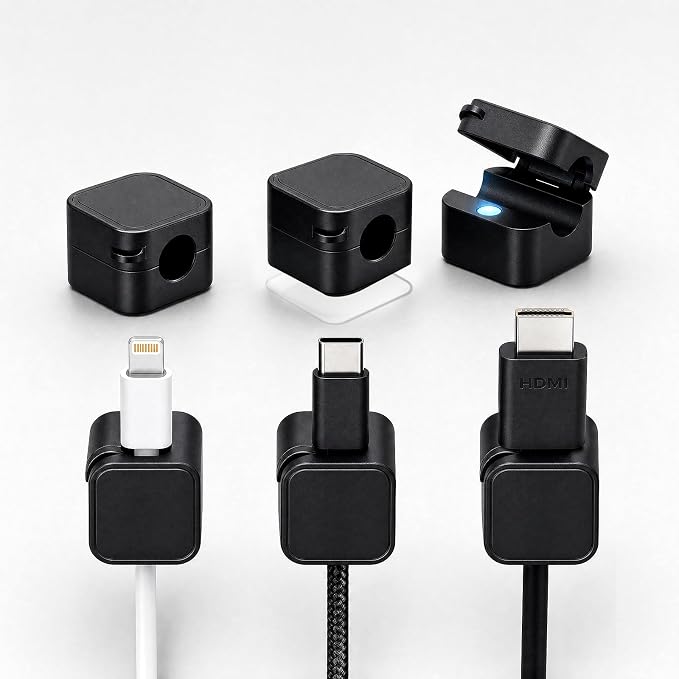 6 Pack Magnetic Cable Clips, Under Desk Cable Management for Office | Adhesive Cord Holder for Phone Wall Desktop, Home Nightstand Desk Accessories (Black)