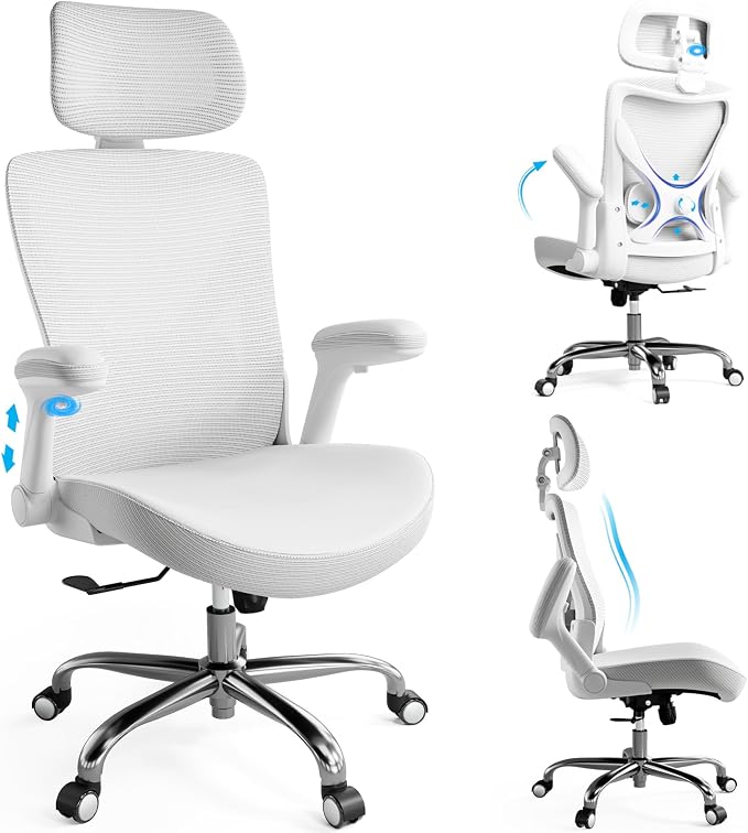 Ergalithic Office Home Ergonomic Desk Chair-Computer X-Shaped Chair Mesh PU Leather with Adjustable Lumbar Support-Executive Chair High Back with Headrest Flip-Up Arms for Long Hours (White)