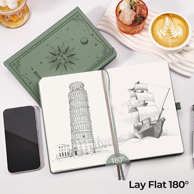 EMSHOI Blank Notebook Journal - 320 Pages, 100gsm Thick Paper, A5 Hardcover Leather, Art Sketchbook for Drawing, Unlined, Plain Sketch Book for Women Men Work Writing, 5.75 X 8.38, Green