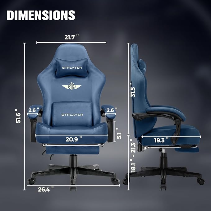 GTPLAYER Big and Tall Gaming Chair 400lbs Heavy Duty Office Chair with Foot Rest, High Back Pocket Spring Ergonomic Computer Chair for Adults, Wide Comfy Seated Cushion with Linkage Armrests, Blue
