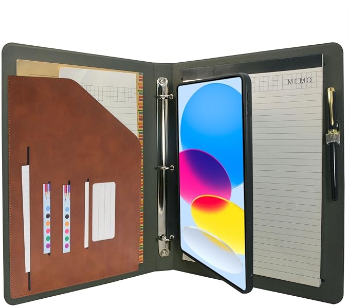 Tablet Organizer Portfolio Case with 3-Ring Binder, Binder Padfolio File Folder with Removable Tablet Holder, Compatible with iPad (A16) 11th Gen 2025 / iPad 10th Gen 2022 (Brown)