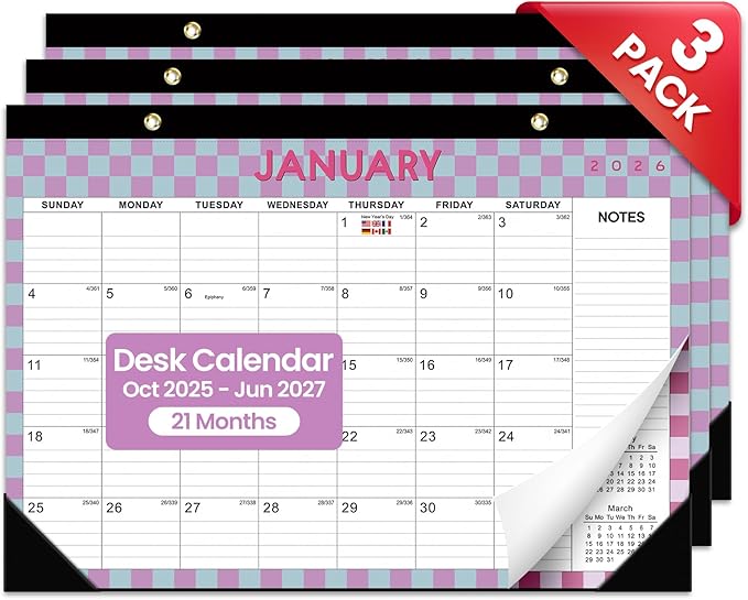 3 Pack of Desk Calendar 2026-2027, 21-Month Calendar Runs Unitl June 2027, Large 17" x 12" Monthly Desktop & Wall Calendar for Home & Office - Checkered