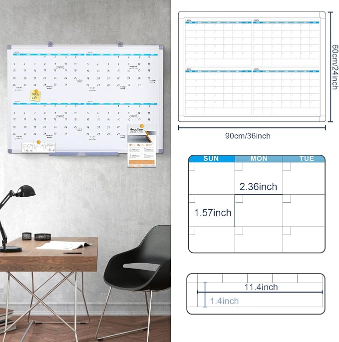 MAKELLO Large Dry Erase Calendar for Wall 36" x 24", Quarterly, 4 Months | Magnetic, Wall Mount, Smooth Writing, Dry Erase Wall Calendar, Monthly Calendar Whiteboard, Home, Family Planning, Bedroom