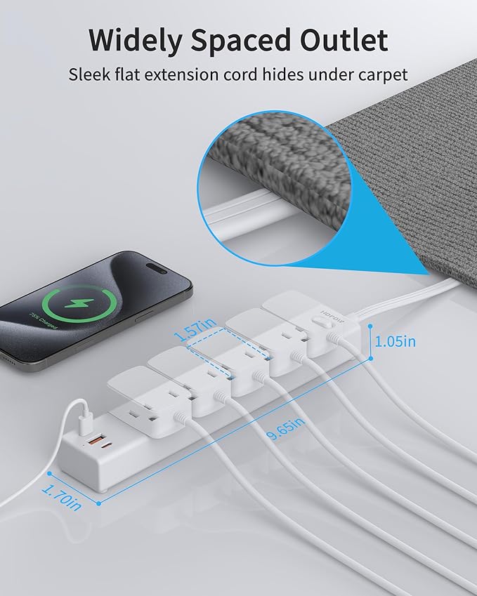 HOPOW Power Strip Surge Protector, 2 Pack, 6 Ft Ultra Thin Flat Extension Cord, Surge Protector with 5 Outlets & 3 USB Ports (2 USB C), 1700 Joules, 3-Prong, Wall Mount for Home Office Dorm, White