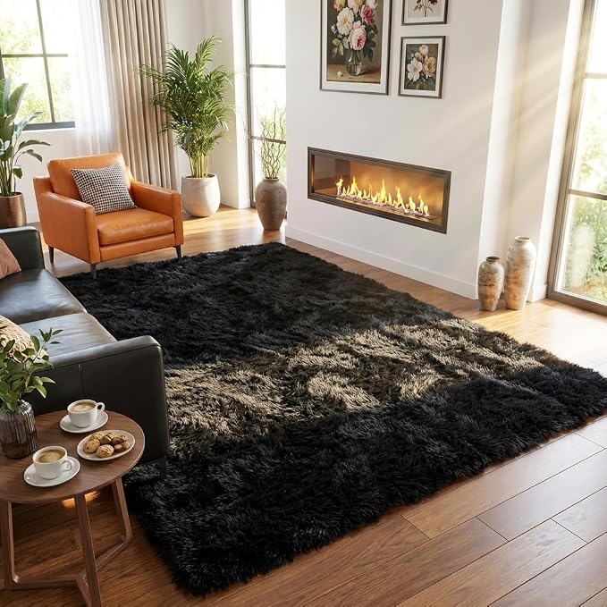 Black Rugs for Bedroom, 3x5 Feet Fluffy Area Rugs for Living Room, Soft Shag Kids Rug Small Carpet for Nursery, Bedside, Indoor, Dorm Decor