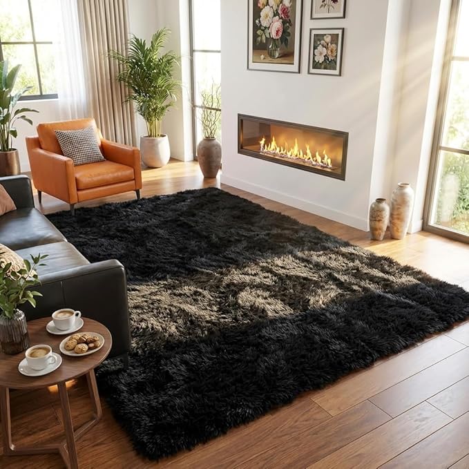 Black Rugs for Living Room, 4x6 Feet Large Fluffy Area Rugs for Bedroom, Soft Carpet Shag Kids Rug for Nursery, Bedside, Indoor, Dorm Decor