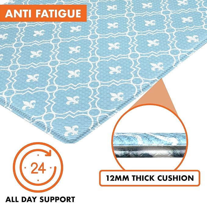 OPUX Anti Fatigue Kitchen Floor Mat, Reversible Cushioned Memory Foam Kitchen Rug Pad, Waterproof Non-Slip Padded Comfort Standing Mat Office Laundry Home, 32x17 (Floral Tile Blue)