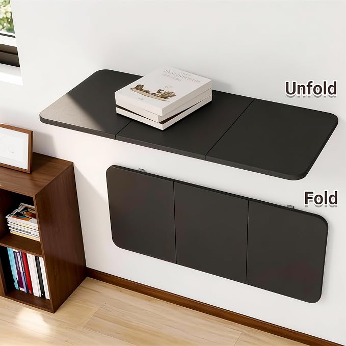 Neoaider Wall Mounted Folding Desk 35.4” x 15.7”, Drop Down Table with Metal Collapsible Brackets, Folding Wall Table for Small Spaces, Home, Office, Kitchen, Laundry Room-Black