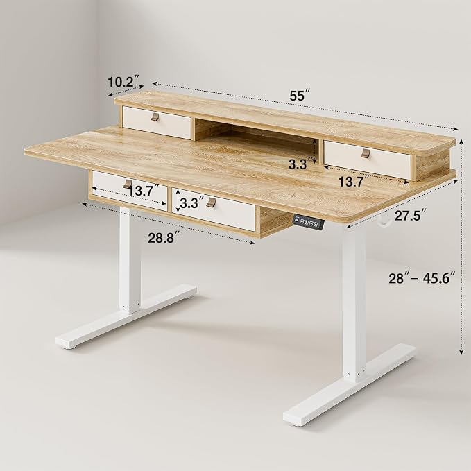 Grandder Electric Standing Desk with Four Drawers, Sit to Stand Up Height Adjustable Desk with Storage Shelf for Home Office, 55 * 28 Inch, Study, Ergonomic Adjustable Computer Desk, Oak