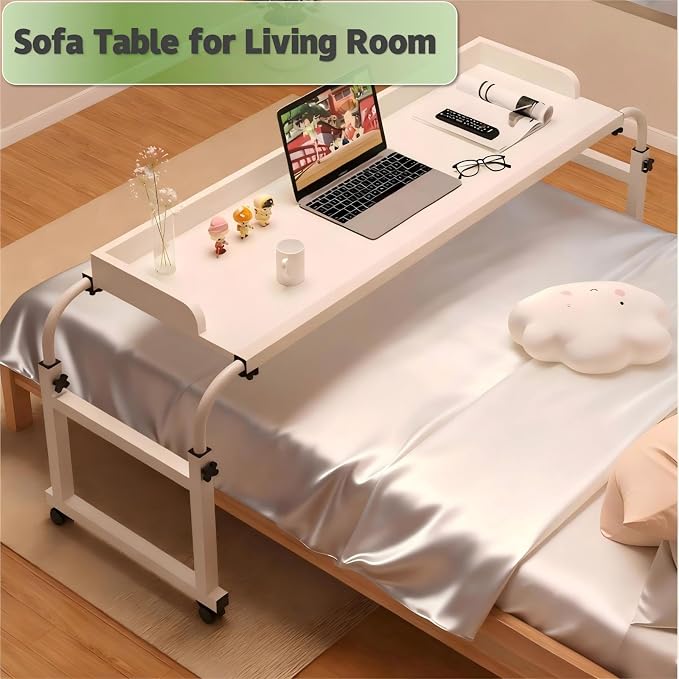 Overbed Table with Wheels and Desktop Enclosure, Height and Length Adjustable Over Bed Desk King Queen Bed Table Overbed Laptop Table (White)