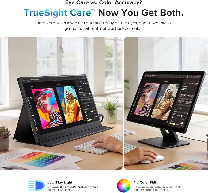 UPERFECT True Color Portable Monitor 15.6”, NxtLED™ Eye Care Laptop Monitor, 125% sRGB 1080P, Flicker-Free Low Blue Light Display, USB-C & HDMI & VESA, Travel Second Screen for Computer, Game Consoles