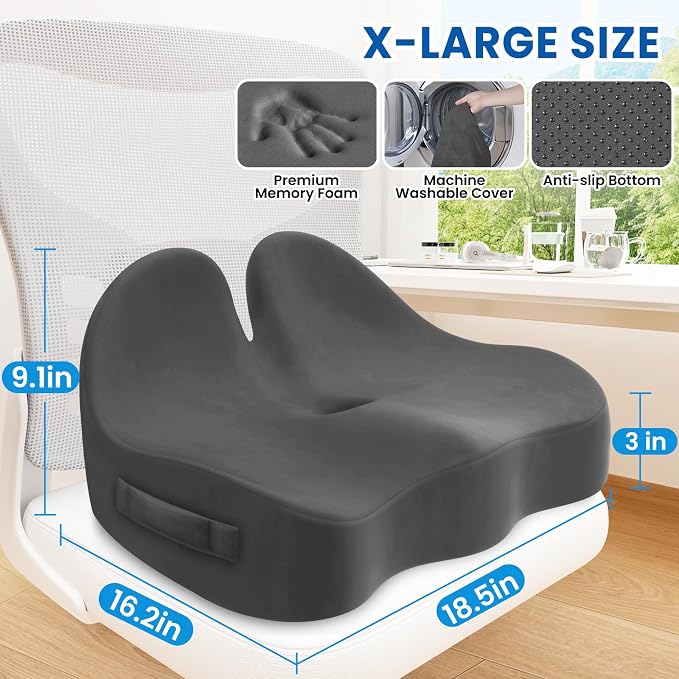 Seat Cushion, Chair Cushions, Memory Foam Office Chair Cushion | Hip & Sciatica & Tailbone Pain Relief, Long Sitting Comfort for Office Chairs/Desk Seats/Wheelchair (X-Large, Grey)